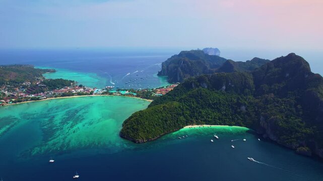 Aerial view sunset Phi Phi island in Province of Krabi of Thailand.