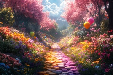 Rainbow path through blooming garden with balloons, sunny sky
