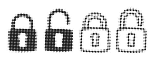 Vector halftone dotted black lock symbols, both locked and unlocked isolated on a transparent background. Flat dotted graphic element for poster, infographic, banner, or card