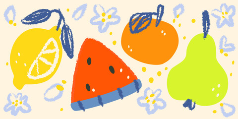 Tropical fruit risograph illustration with vibrant lemon, watermelon slice, orange and pear in bright colors. Hand drawn textured edges style with blue floral elements scattered on cream background.