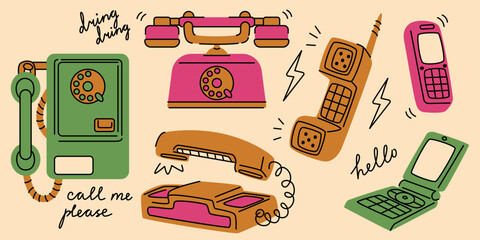 Vintage phone cartoon collection with rotary payphone, landline, flip mobile device and retro receiver. Old school communication equipment with text bubbles. Nostalgic telecommunication illustration.