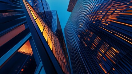 Urban architecture at blue hour. Geometric lines and skyscrapers dominate this city nightscape. AI generated