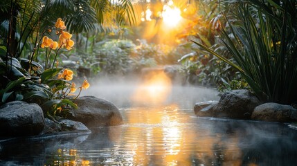 Serene sunrise over misty hot spring in lush tropical garden.