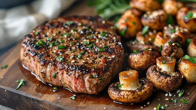 Juicy steak sits elegantly topped with flavorful garlic mushrooms, accompanied by colorful green beans and rich sauce, creating a delightful culinary experience.