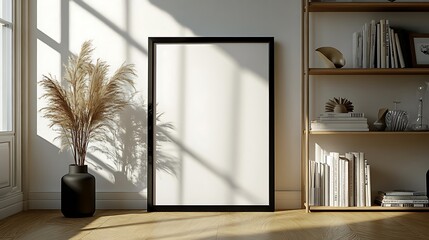 A mockup of an empty black frame on the floor, leaning against a modern shelf with books, decor, and accessories. 