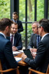 Business professionals having a strategic discussion in a stylish café setting.