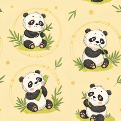 Obraz premium panda, baby panda, cute panda, bear, bamboo, eating, Adorable Baby Panda Seamless Pattern – Cute Cartoon Pandas with Bamboo on Soft Background