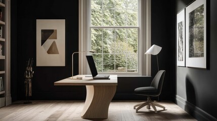 Modern home office, desk, window view, garden, workspace