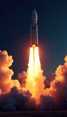 Spectacular space rocket liftoff, smoke billowing in dark sky , adventure, smoke