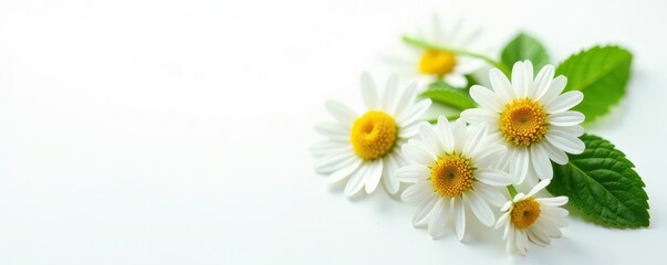Fototapeta premium Vibrant chamomile blossoms & fresh mint, pure white backdrop , still life, white