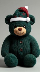 Green Knit Teddy Bear in Santa Hat