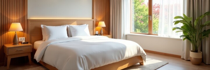 Fototapeta premium Bright hotel room, single bed, wood nightstand, blooms, bloom, interior, stock photo