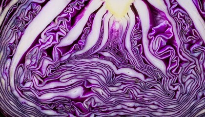Obraz premium Macro photograph of a purple cabbage cross-section, highlighting its mesmerizing natural fractal patterns, vibrant colors, and intricate texture. 
