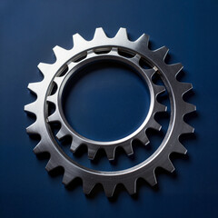 Shiny metallic chrome gear on dark blue background, mechanical design