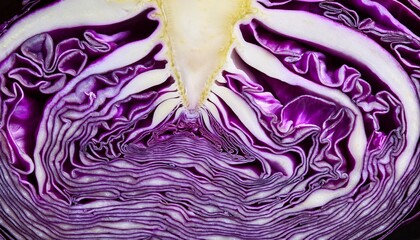 Obraz premium Macro photograph of a purple cabbage cross-section, highlighting its mesmerizing natural fractal patterns, vibrant colors, and intricate texture. 