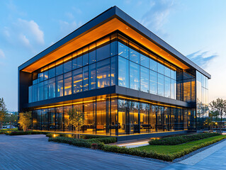 Obraz premium Modern Architectural Marvel: A striking, contemporary building with expansive glass facade, showcasing sleek lines and a minimalist aesthetic.