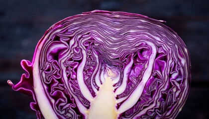 Obraz premium Macro photograph of a purple cabbage cross-section, highlighting its mesmerizing natural fractal patterns, vibrant colors, and intricate texture. 