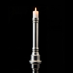 Elegant silver candlestick with candle on black background, decor