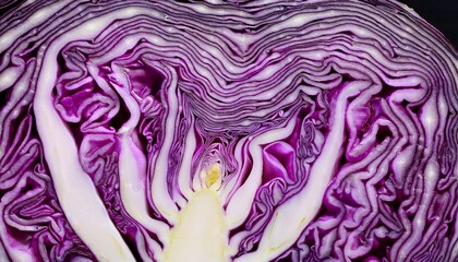Obraz premium Macro photograph of a purple cabbage cross-section, highlighting its mesmerizing natural fractal patterns, vibrant colors, and intricate texture. 