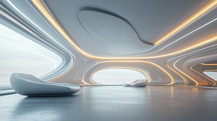 Fototapeta premium Futuristic lounge with organic curves, ambient lighting, and panoramic windows.