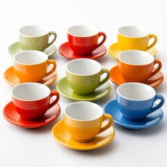 Colorful Ceramic Cups and Saucers on White Background