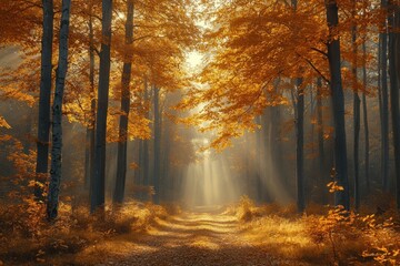 Obraz premium Sunlit Path through Misty Autumn Forest