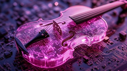 Obraz premium Illuminated Fiddle Resting on a Circuit Board with Pink Lights