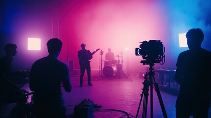 Professional film studio with crew silhouettes, lighting set, and motion picture equipment during movie production