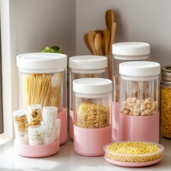 Modern Kitchen Storage Jars with Pasta and Snacks in Bright Room