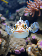 Obraz premium Cute Pufferfish 4K. Funny face of a cute blowfish or pufferfish in coral reef in a tropical fish aquarium.