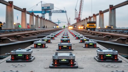 Modern railway track, equipped with advanced automated monitoring devices, stretches through a bustling industrial site.