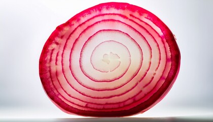 Macro shot of a thinly sliced radish, glowing with vibrant red edges against a clean white background, highlighting its delicate texture and crisp freshness.
