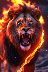 Naklejka premium Fiery Roaring Lion 3D Artwork Symbolizing Power and Strength