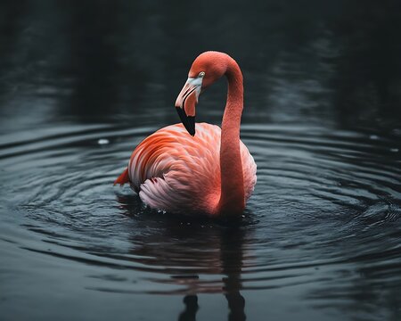 Pink flamingo in dark pond - Powered by Adobe