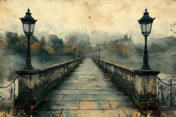 Misty, antique bridge to castle, autumn