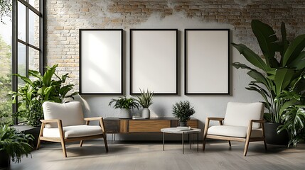 A mockup of an empty black frame on the wall in a minimalist Scandinavian living room with neutral tones and modern furniture, including two armchairs, a coffee table, a TV stand, and indoor plants. 