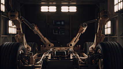 Fototapeta premium A futuristic vehicle inspection bay featuring advanced robotic arms scanning and analyzing every detail of a car, from the engine to wheels, with digital screens displaying real-time diagnostic data.