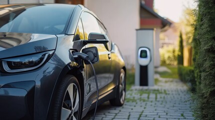 Electric car connected to a charging station near a home