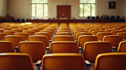 Fototapeta premium Rows of empty lecture hall chairs awaiting students and teachers