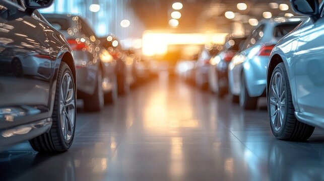 A row of new cars displayed inside a showroom space
