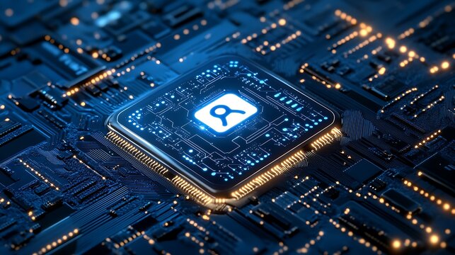 Glowing Computer Chip with Keyhole Symbol on Circuit Board Detail