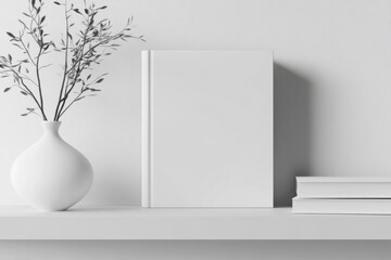 Obraz premium Mockup of white closed hardcover book on dark wooden shelf. Minimalistic mockup for design and printing.