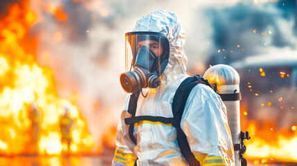 Obraz premium A firefighter responding to a hazardous materials spill at an emergency scene