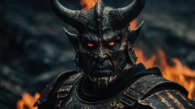 Dark armored figure with horns and glowing eyes stands before fire. AI generated digital art shows monster face with intense gaze in fantasy style.