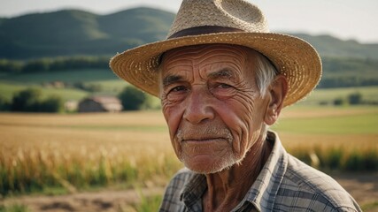 Fototapeta premium Older Person in Hat stands in Wheat Field at Daytime, with Farm Building and Hills in Background, showing calm Emotion
