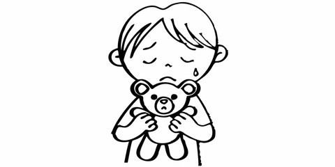  A small child clutches a teddy bear in his hands, looking anxious, hurt or frightened. Suitable for parenting blogs, psychology articles and topics related to child development.