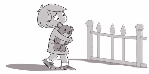  A small child clutches a teddy bear in his hands, looking anxious, hurt or frightened. Suitable for parenting blogs, psychology articles and topics related to child development.