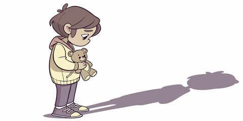  A small child clutches a teddy bear in his hands, looking anxious, hurt or frightened. Suitable for parenting blogs, psychology articles and topics related to child development.