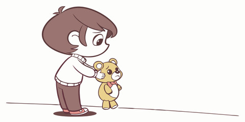  A small child clutches a teddy bear in his hands, looking anxious, hurt or frightened. Suitable for parenting blogs, psychology articles and topics related to child development.
