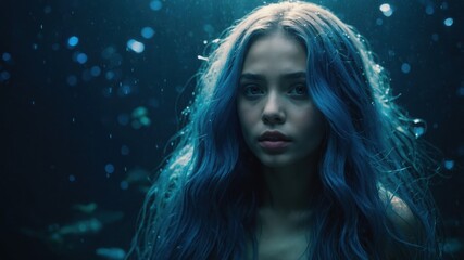 Girl portrait with blue hair, she stands underwater with bubbles around her, generated image.